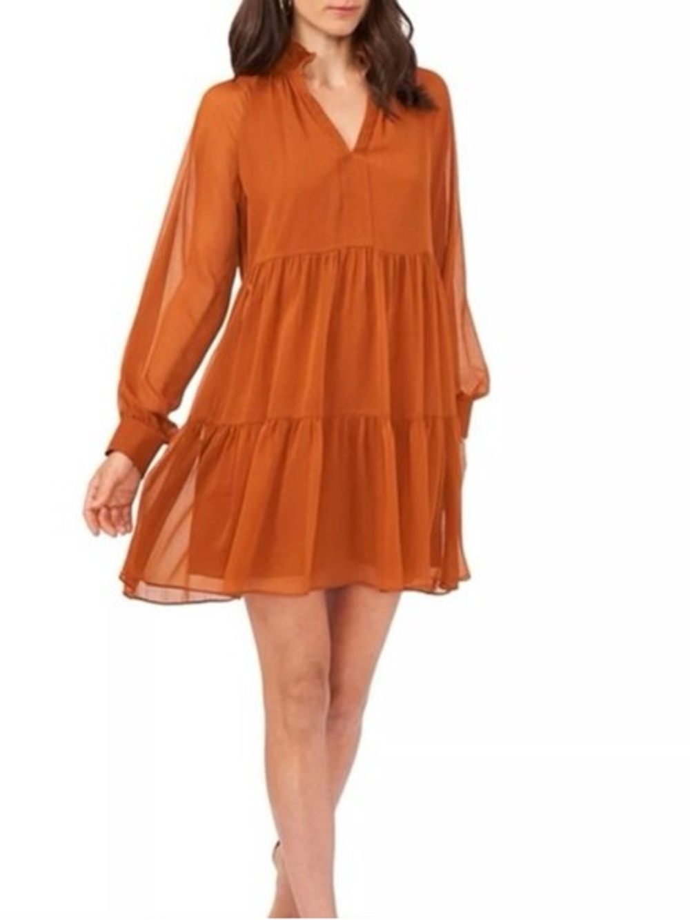 1. State Burnt Orange Long Sleeve V-Neck Tiered Chiffon Babydoll Mini Dress XS